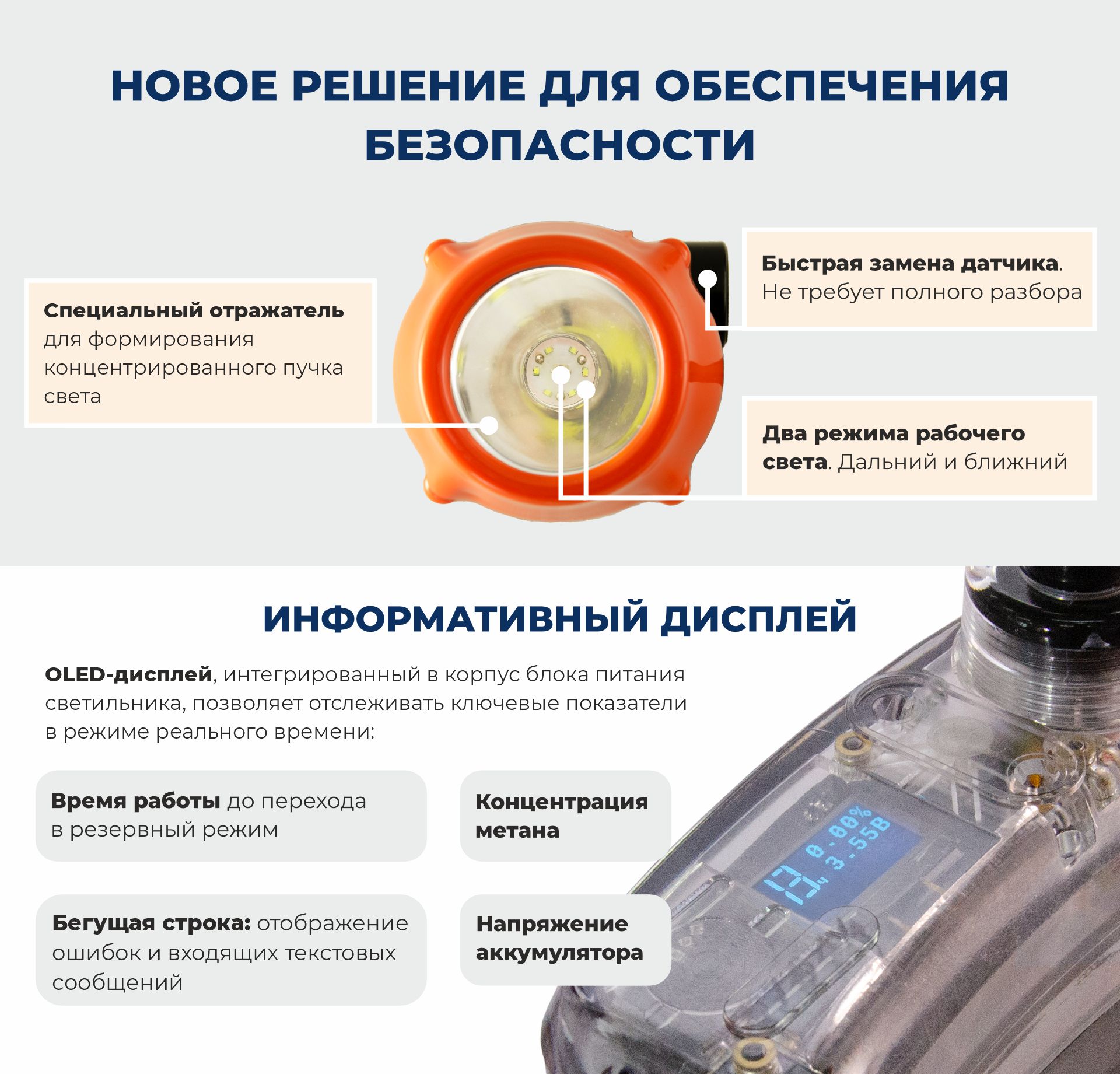 Новое решение для обеспечения безопасности: специальный отражатель, два режима рабочего света, быстрая замена датчика и информативный OLED-дисплей